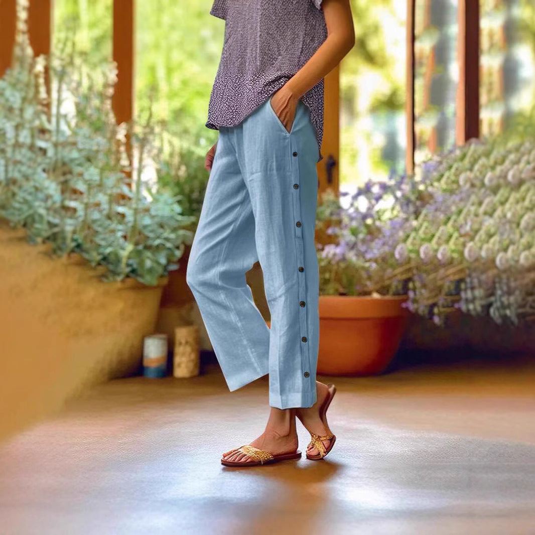 Damen Bequeme Leinenhose mit Knopfdetails Stalluxe