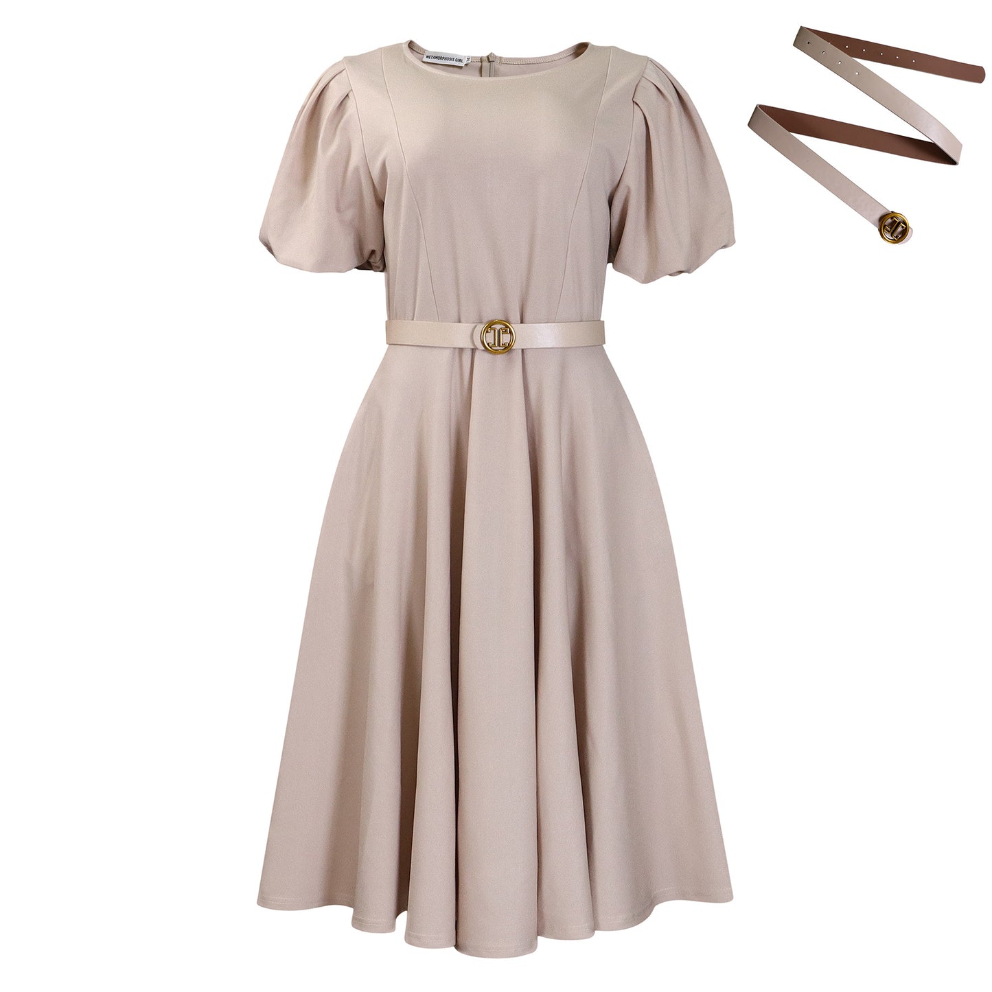 Damen Midi-Kleid mit voluminösen Puffärmeln, elegantem Taillengürtel und schwingendem Rock Stalluxe