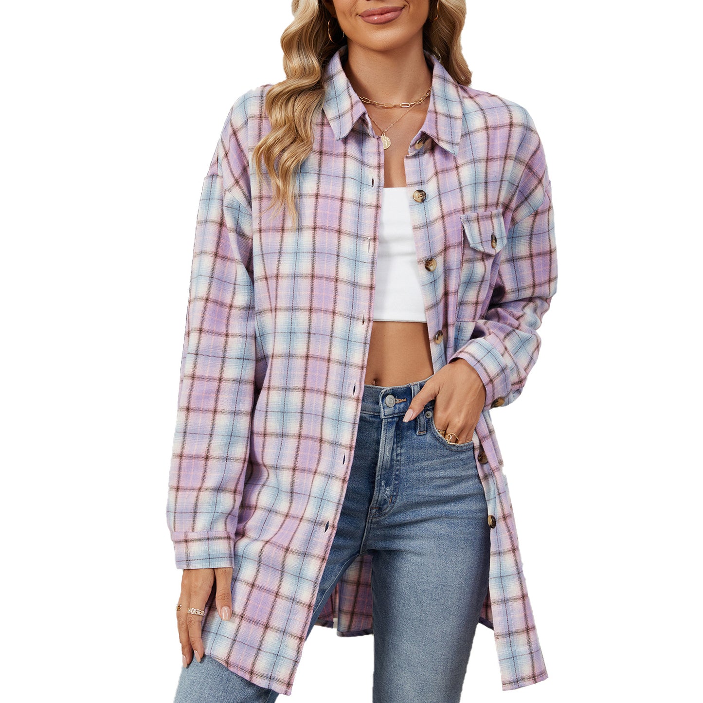 Damen Oversized Karobluse mit legerem Schnitt und Knopfdetails Stalluxe