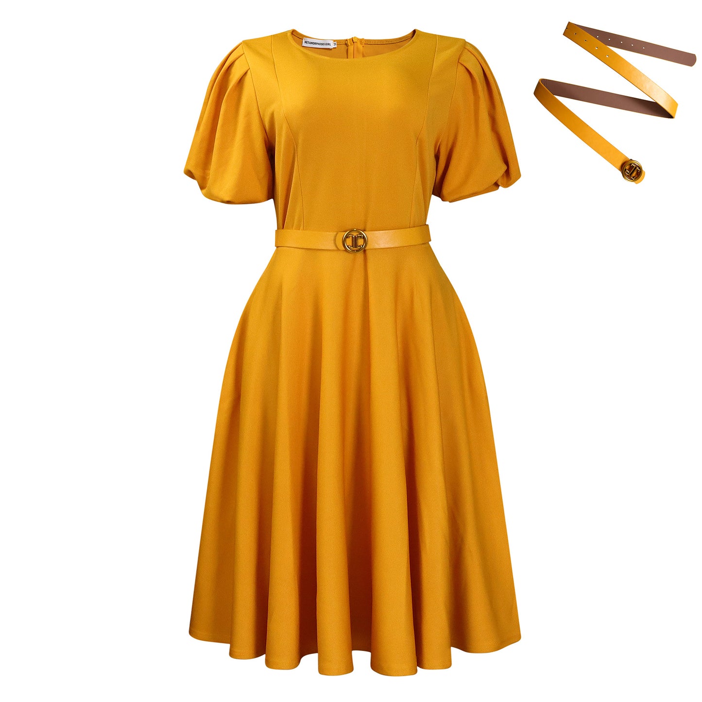 Damen Midi-Kleid mit voluminösen Puffärmeln, elegantem Taillengürtel und schwingendem Rock Stalluxe