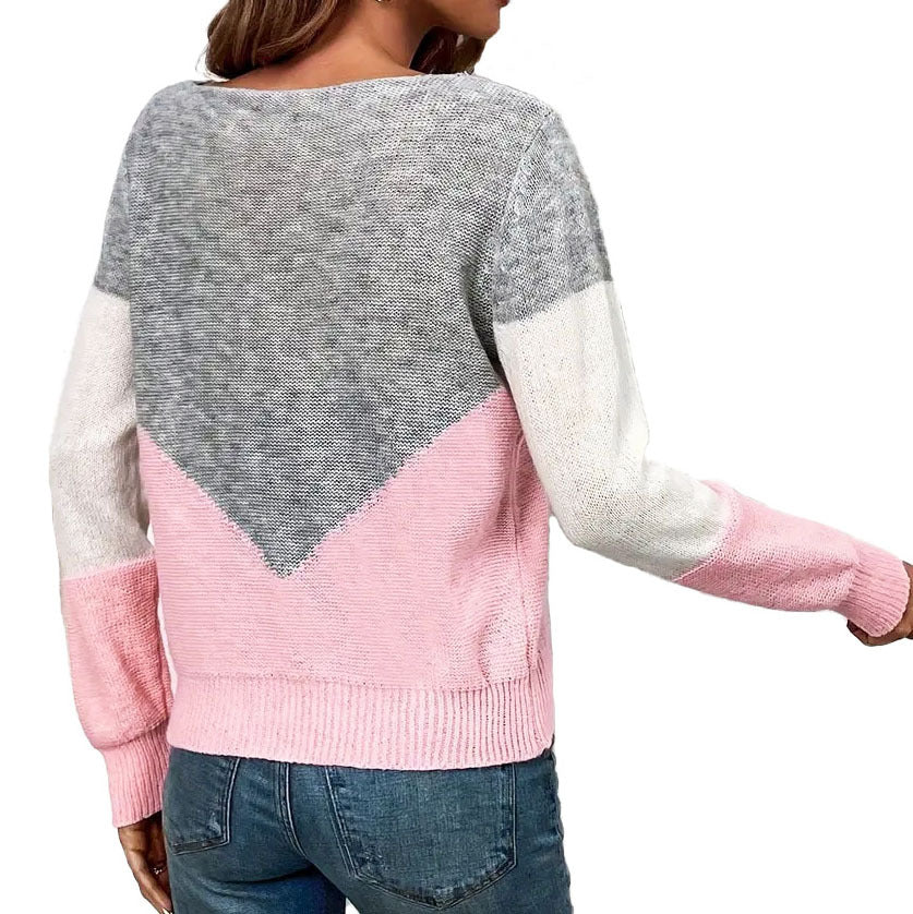 Damen moderner Strickpullover mit kontrastierenden Farbblöcken und V-Ausschnitt Stalluxe