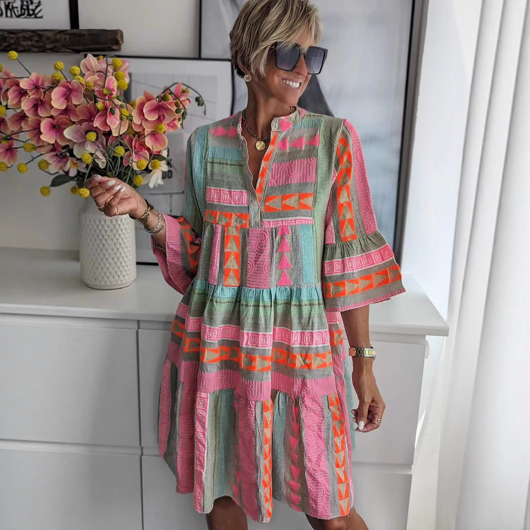 Damen luftiges Boho-Kleid mit eingewebten Mustern und kurzen Ärmeln Stalluxe