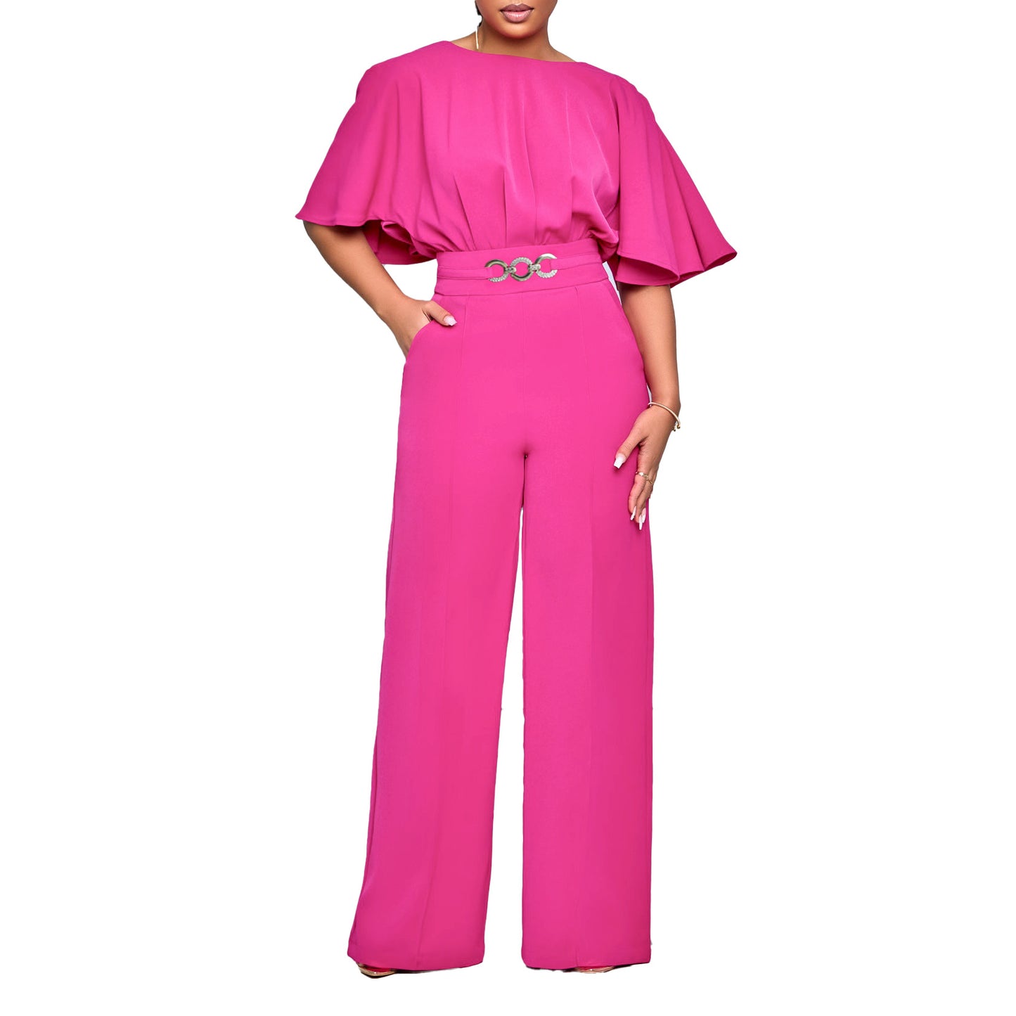 Damen Eleganter Jumpsuit mit weitem Bein und dekorativem Gürtel Stalluxe