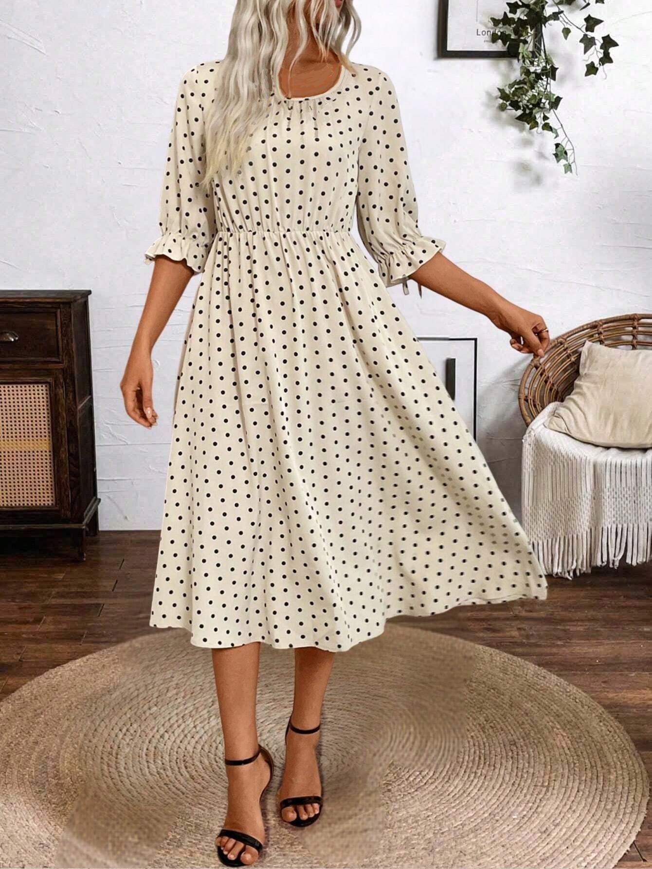 Damen Midikleid mit dekorativen Puffärmeln und elastischem Taillenbund Stalluxe