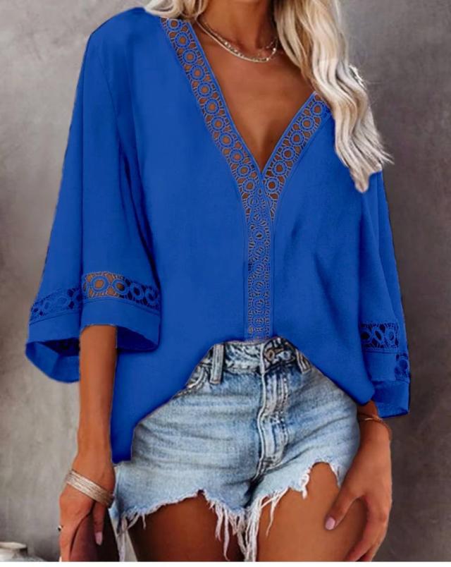 Damen Elegante Bluse mit Spitzen- und V-Ausschnitt Stalluxe