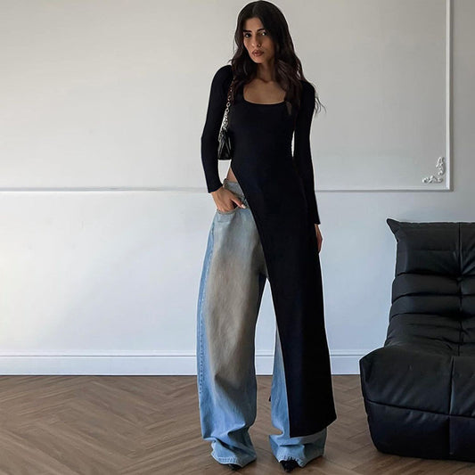 Damen Asymmetrisches Maxikleid mit langem Arm und figurbetontem Schnitt Stalluxe