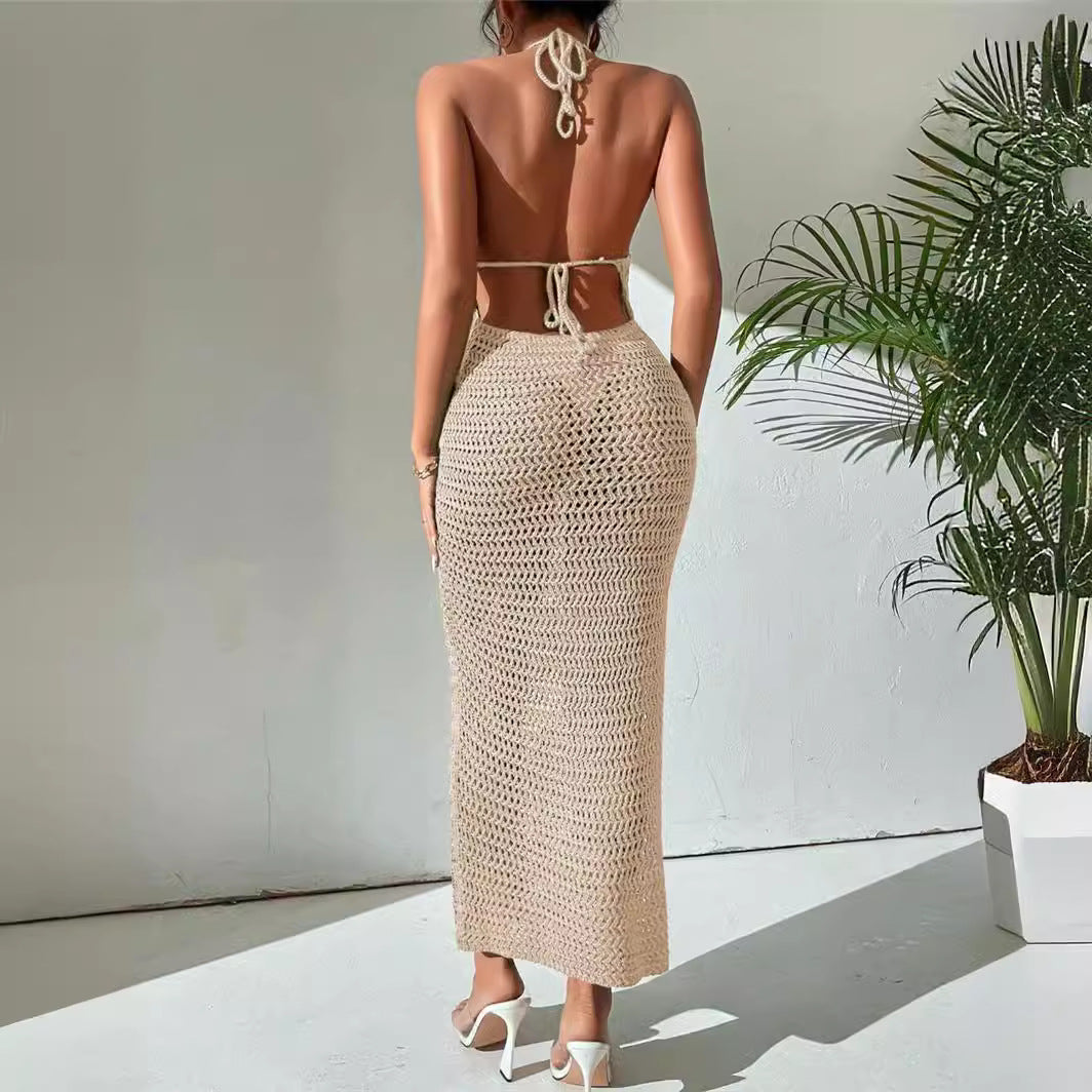 Damen Langarm-Halfterkleid aus luftiger Häkelstruktur Stalluxe