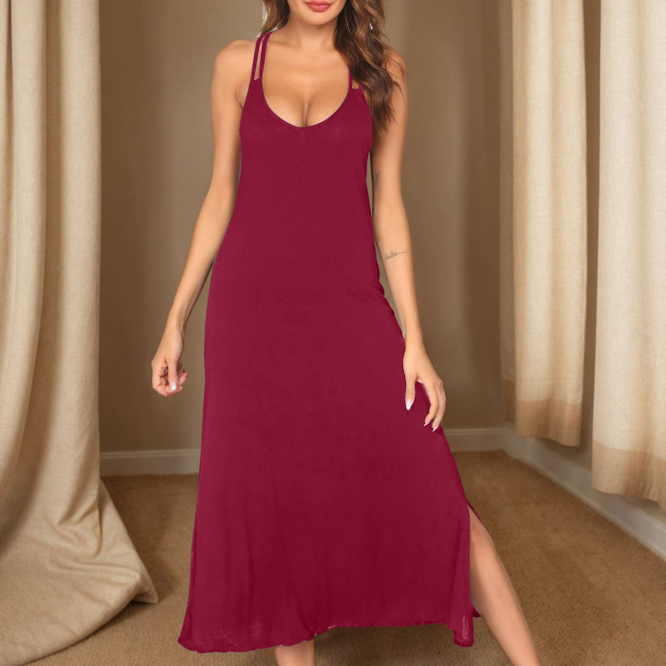 Damen ärmelloses Spaghetti-Träger-Maxikleid mit seitlichen Schlitzen Stalluxe