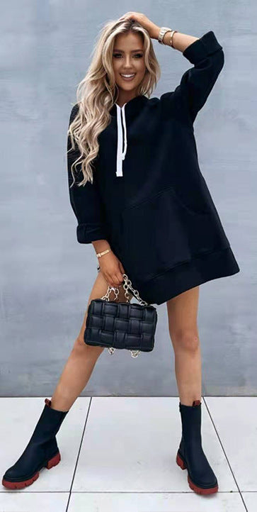 Damen lässiges Kapuzenkleid mit praktischen Eingrifftaschen und seitlichen Schlitzen Stalluxe