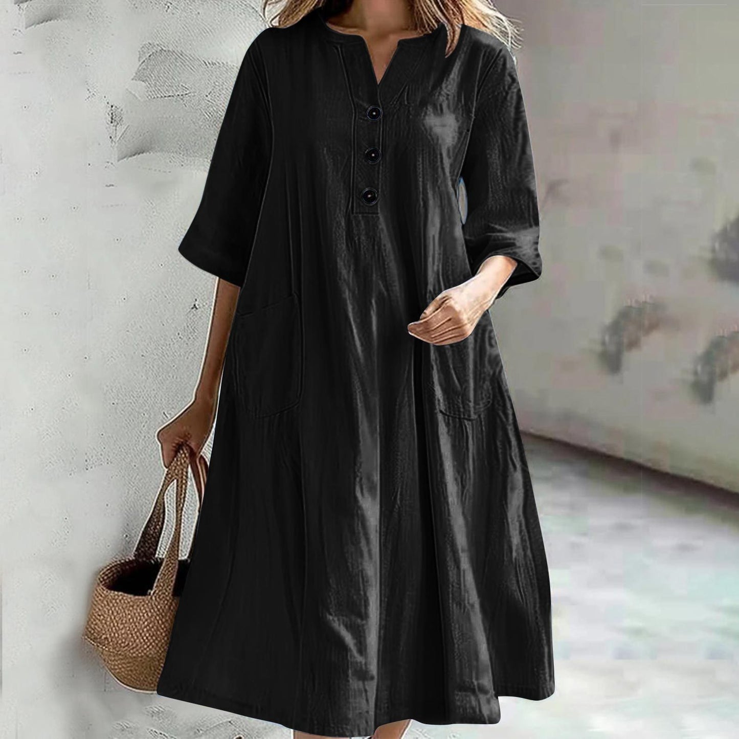 Damen lässiges Baumwollkleid mit Knopfleiste und praktischen Taschen Stalluxe