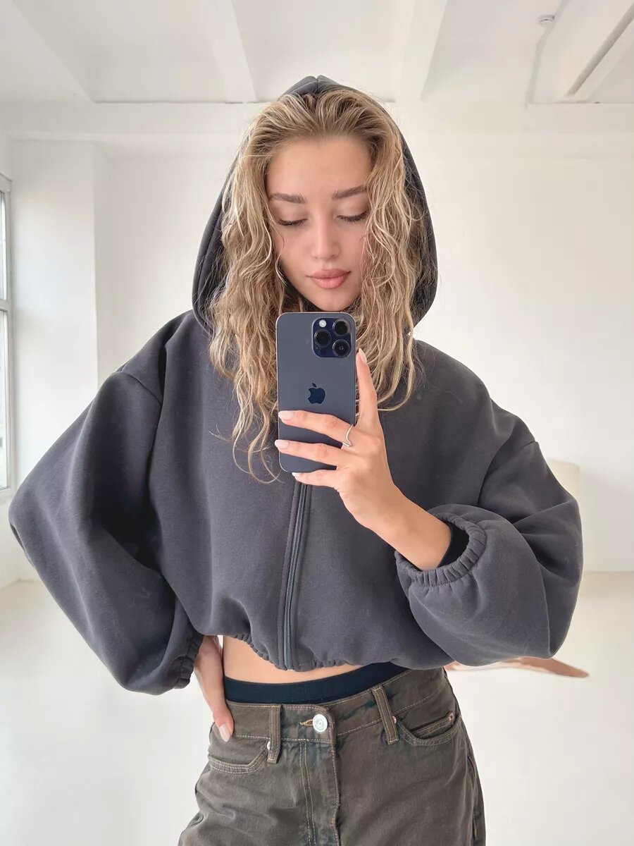 Damen cropped Kapuzenpullover mit voluminösen Ärmeln Stalluxe