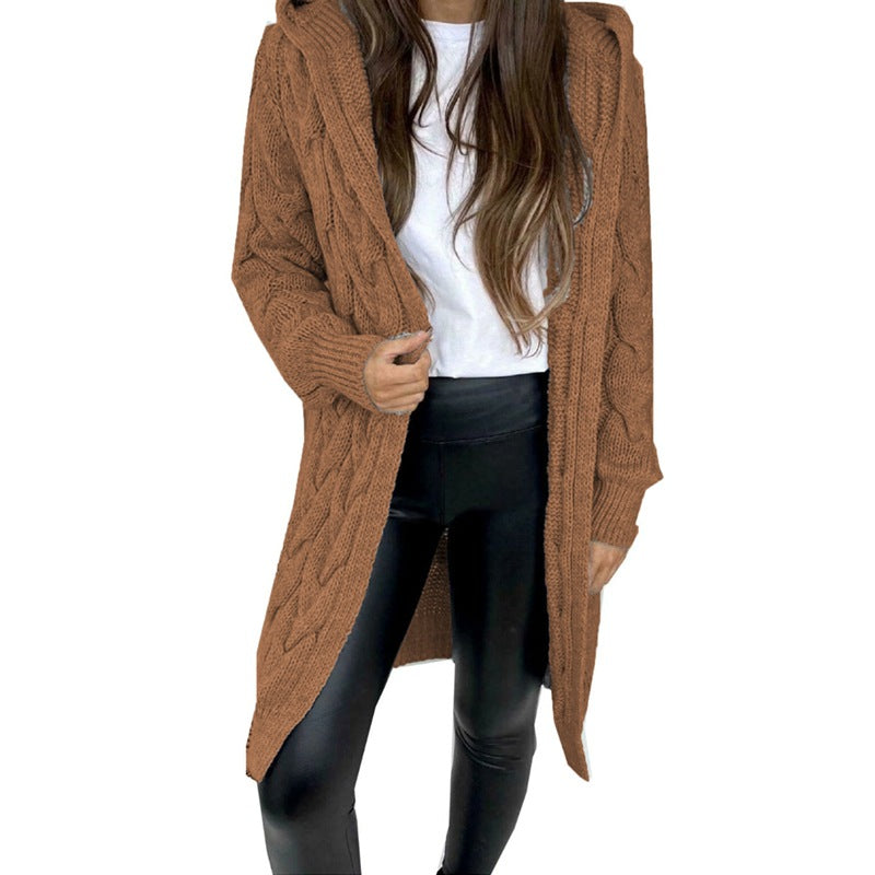 Damen Langer Strickmantel mit strukturiertem Zopfdesign und praktischer Kapuze Stalluxe