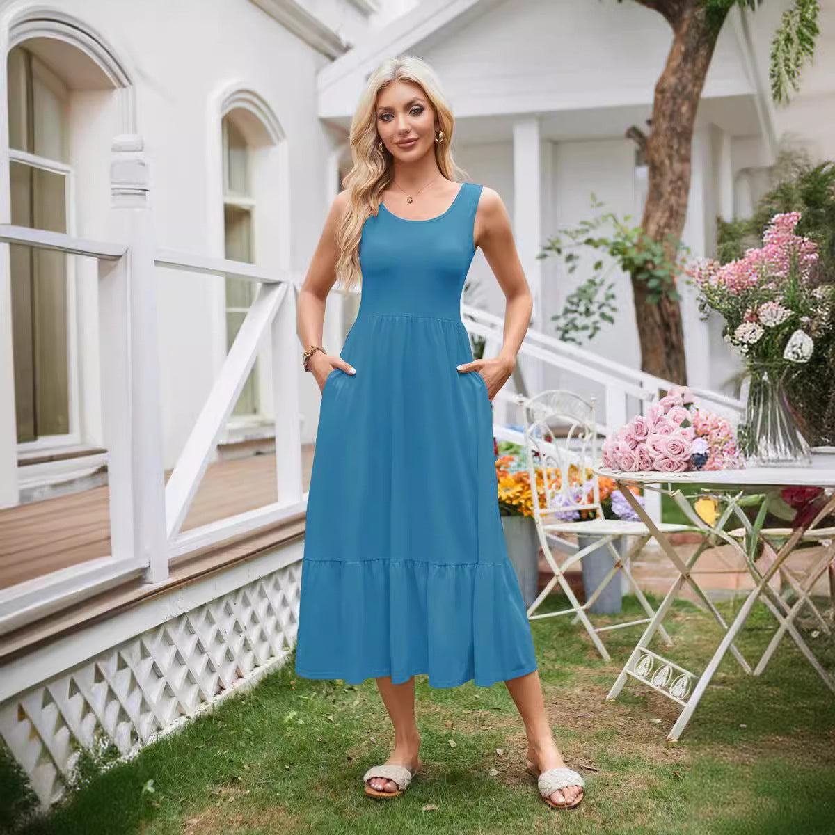 Damen Maxikleid mit praktischen Taschen und fließendem Rock Stalluxe