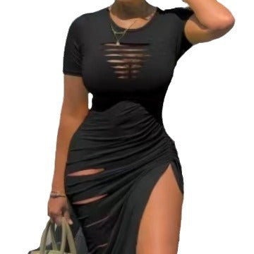 Damen figurbetontes Schlitzkleid mit Cut-Out-Details und Raffungen Stalluxe