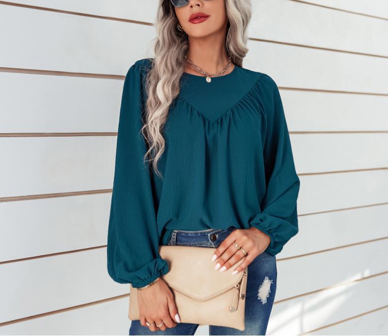 Damen lässiges Blusenshirt mit weit ausgestellten Ärmeln und feiner Rippstruktur Stalluxe