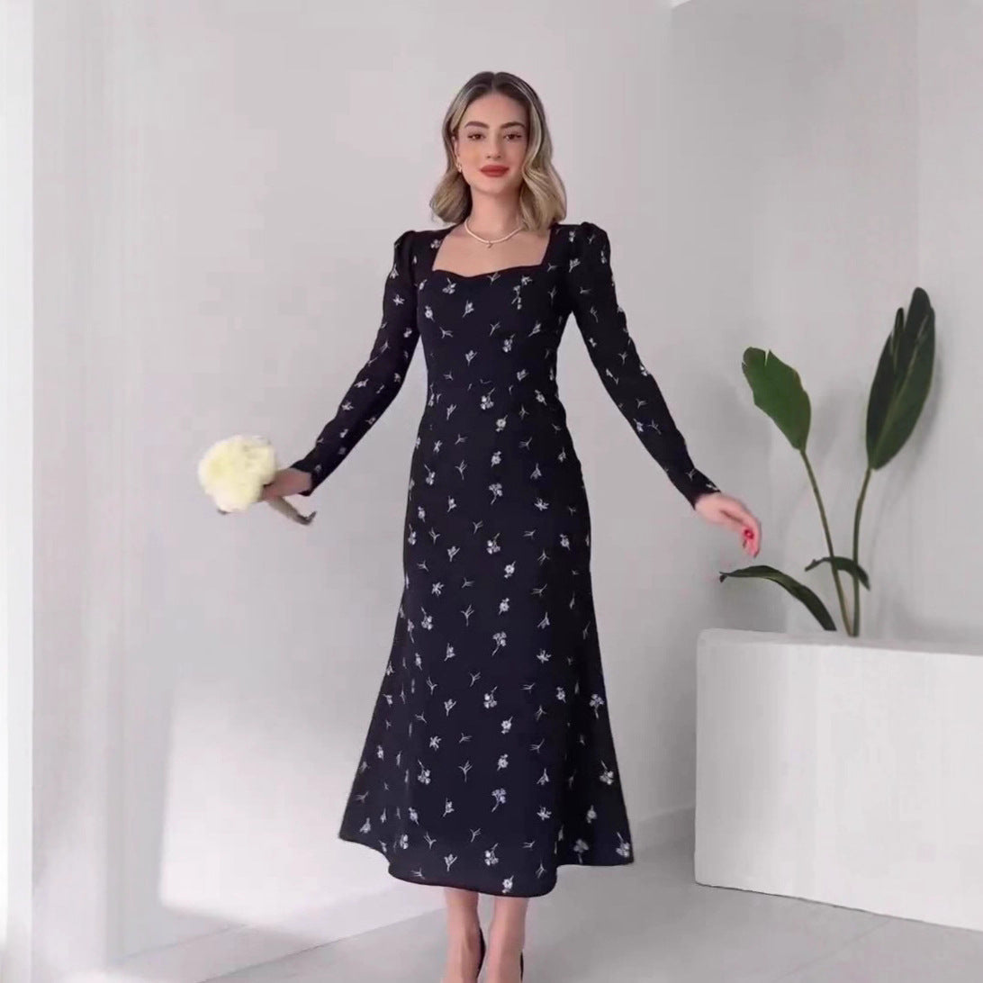 Damen Elegantes Blumen-Kleid mit langem Arm und Taillenschnitt Stalluxe