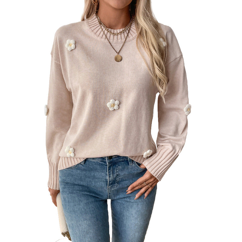 Damen Strickpullover mit zarten Blumenapplikationen Stalluxe
