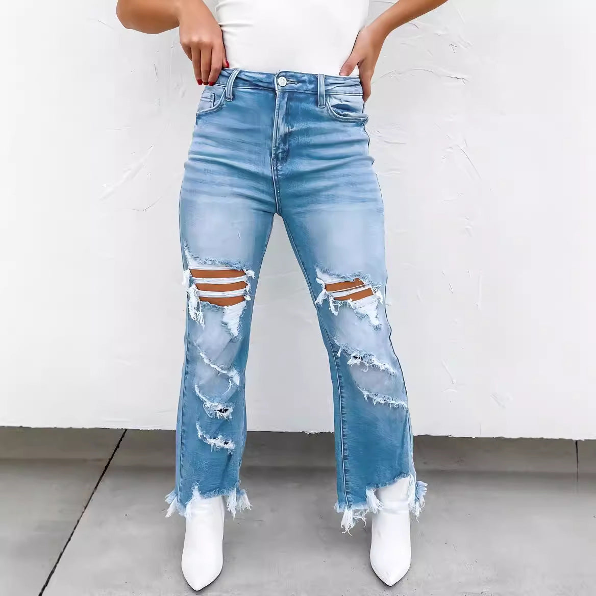 Damen Flared Jeans mit modischen Destroyed-Details und hoch geschnittenem Bund Stalluxe