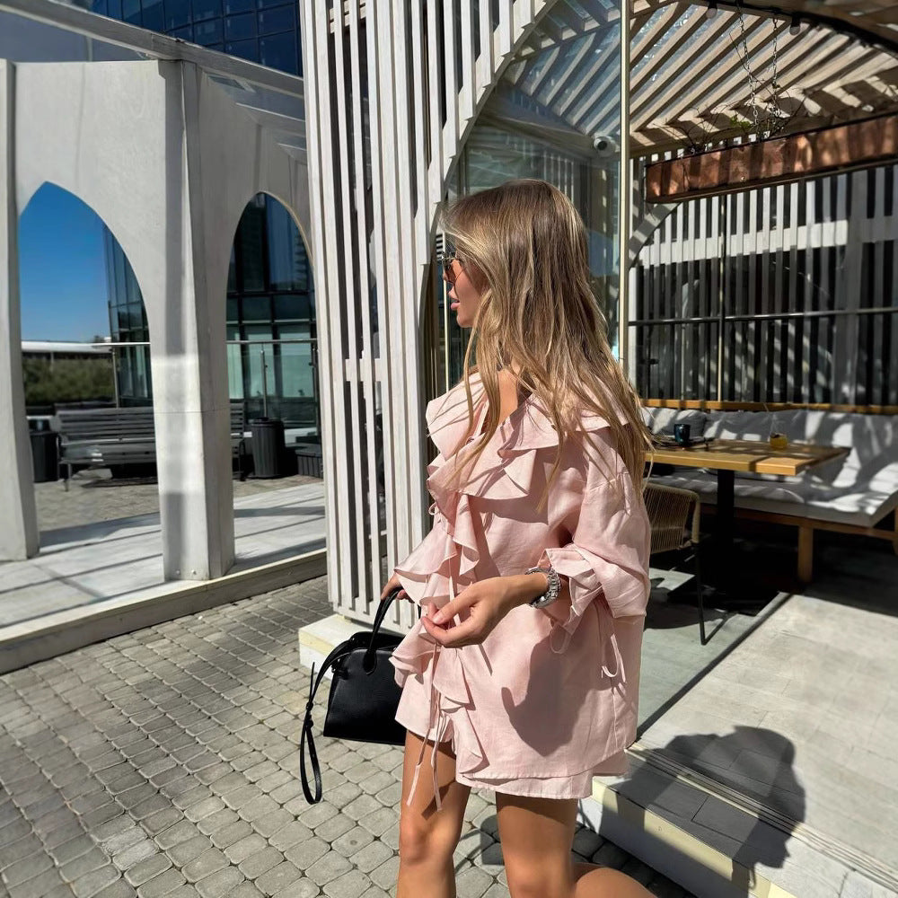 Damen trendige Rüschenbluse mit lässigem Schnitt und Shorts Stalluxe