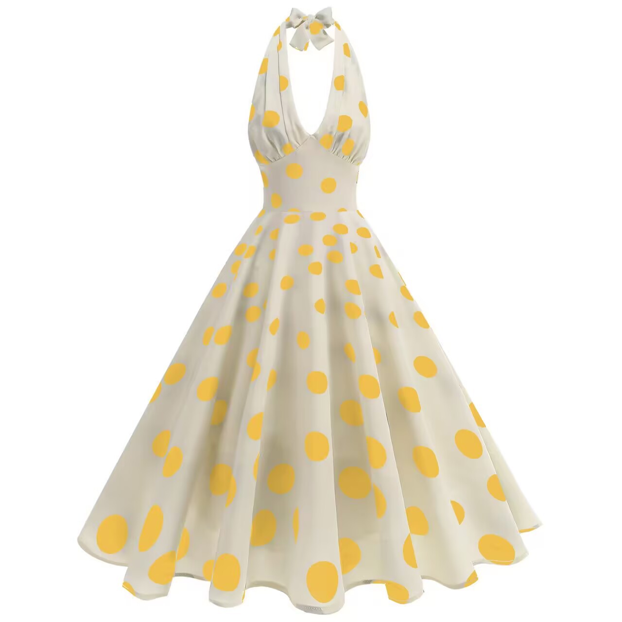 Damen Retro Maxikleid mit fröhlichen Punkten und elegantem Halterdesign Stalluxe