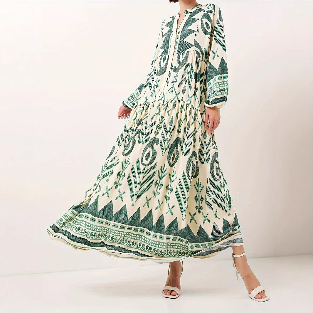 Damen Maxikleid mit kunstvollem geometrischen Muster und Knopfdetails Stalluxe