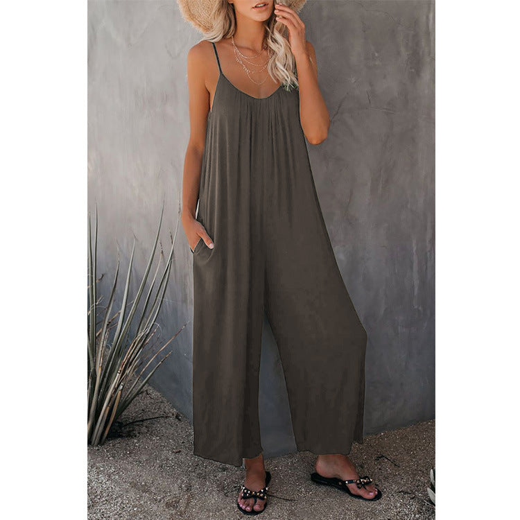 Damen Lässiger Sommer-Jumpsuit mit tiefem Ausschnitt und praktischen Taschen Stalluxe