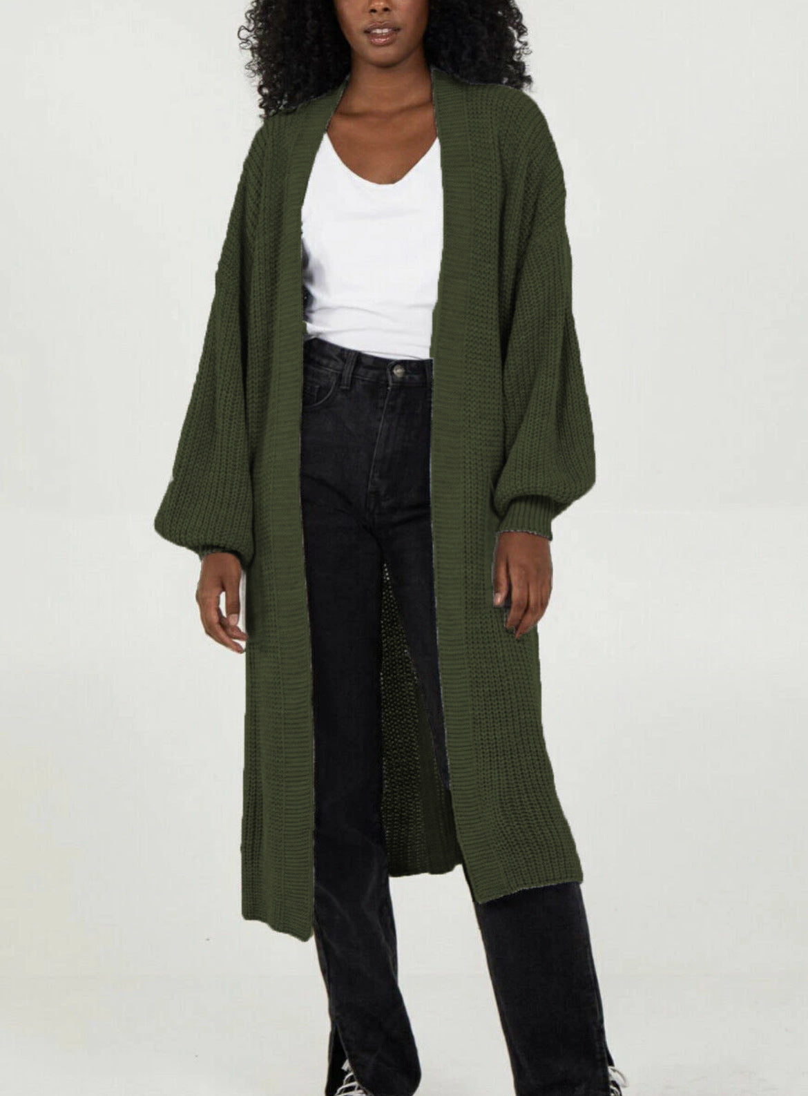Damen Langer Strickcardigan mit voluminösen Ärmeln und offenem Schnitt Stalluxe