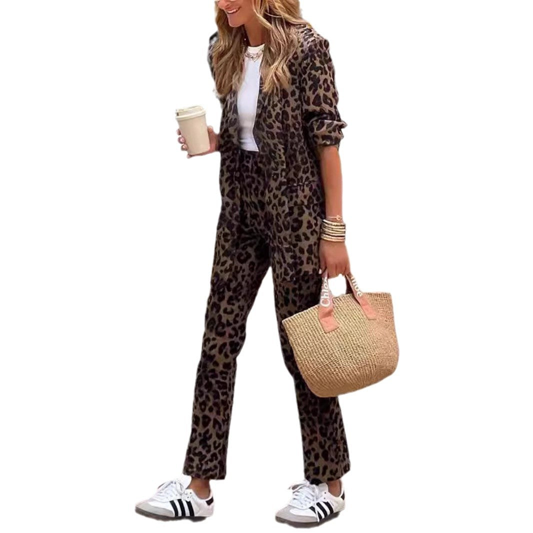 Women's Chic Animal Print Blazer and Trousers Set Stalluxe