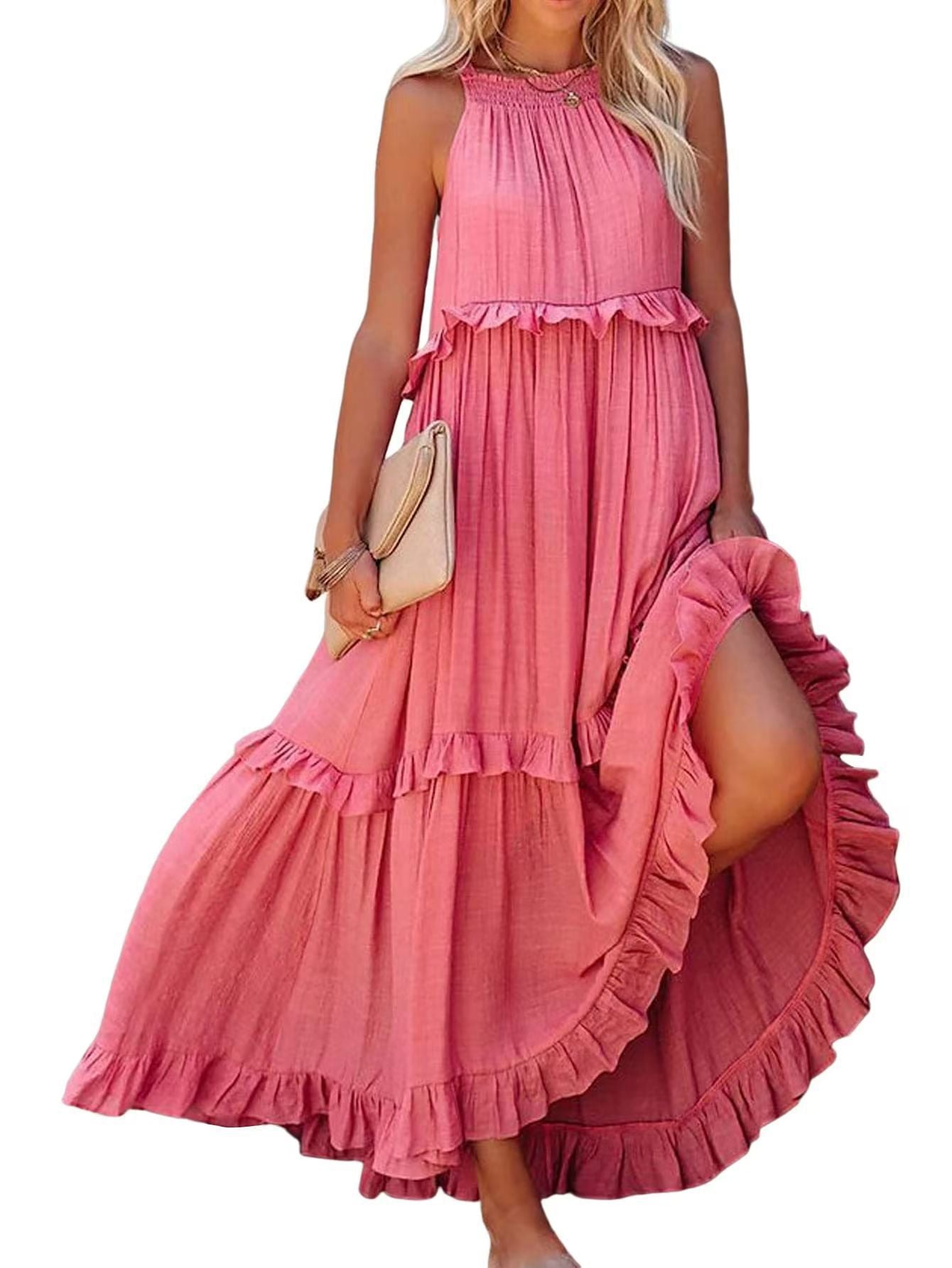 Damen Luftiges Maxikleid mit Rüschendetails und hoher Taille Stalluxe