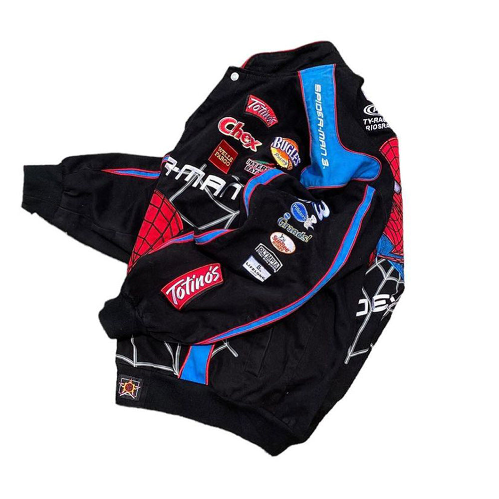 Damen Motorsportjacke im Retro-Stil mit Spider-Man-Motiv Stalluxe