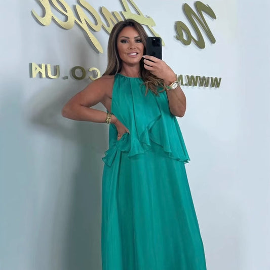 Damen Elegantes langes Abendkleid mit fließendem Stoff und Schichten Stalluxe