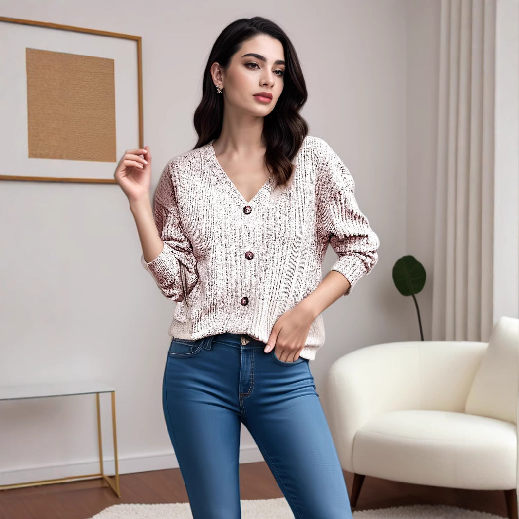 Damen V-Ausschnitt Strickoberteil mit Knopfdetails und lässigem Schnitt Stalluxe