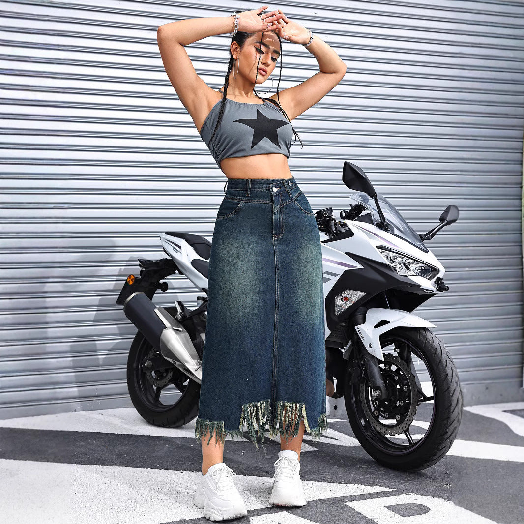 Damen Maxirock mit Fransensaum und hohem Bund Stalluxe