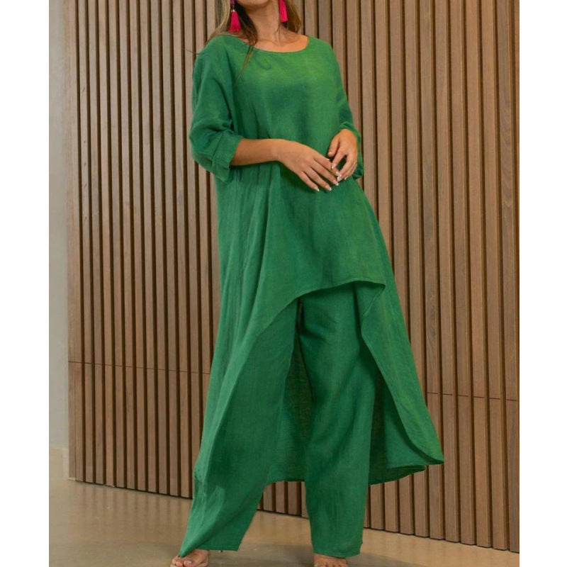 Women's Elegant Asymmetric Linen Tunic and Pants Set Stalluxe