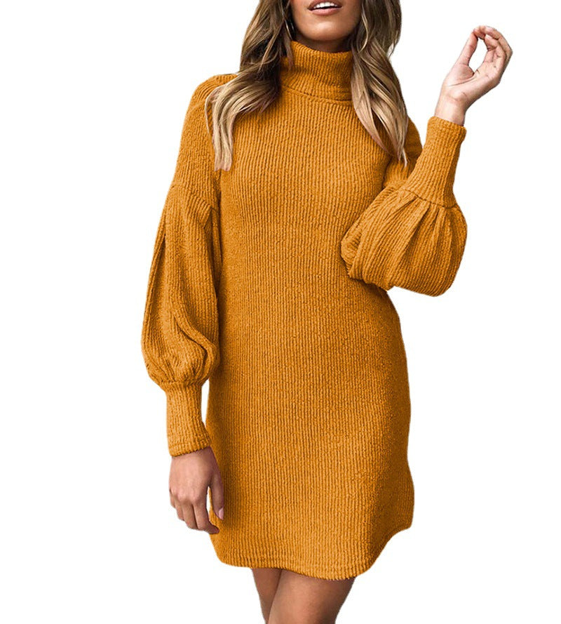 Damen kuscheliges Rippstrickkleid mit hohem Kragen und Puffärmeln Stalluxe