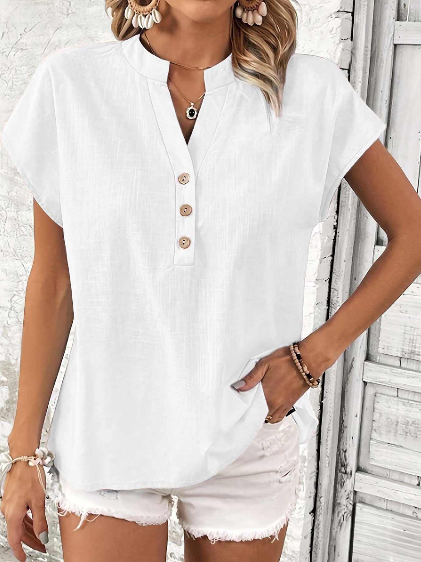 Damen stylisches Kurzarm-Oberteil mit Knopfdetails und trendigem Stehkragen Stalluxe