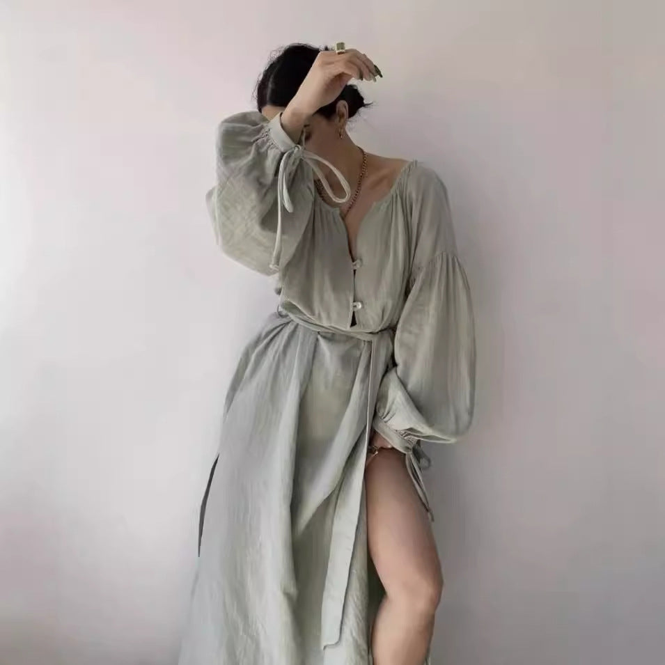 Damen elegantes Maxikleid mit Taillengürtel und Ballonärmeln Stalluxe