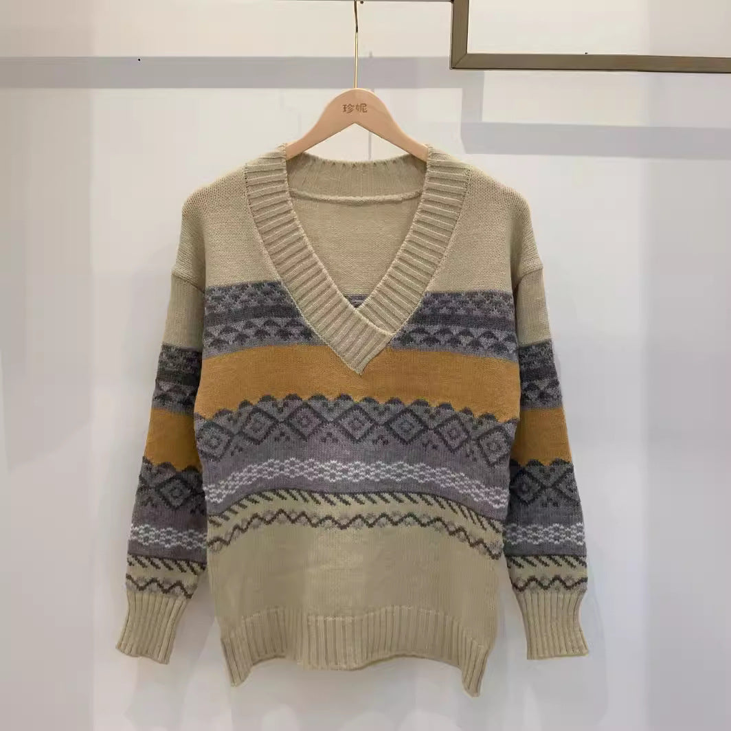 Damen Strickpullover mit modernem Grafikdesign und V-Ausschnitt Stalluxe