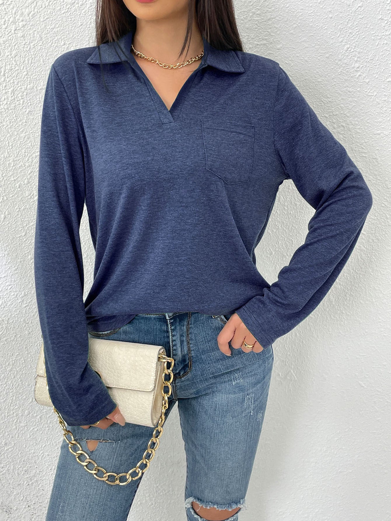 Damen Langarmbluse mit modernem Kragen und Brusttasche Stalluxe