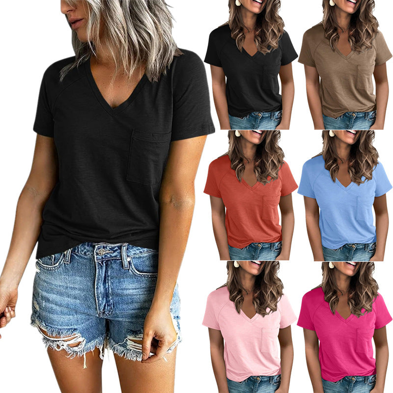 Damen V-Ausschnitt T-Shirt mit Brusttasche Stalluxe