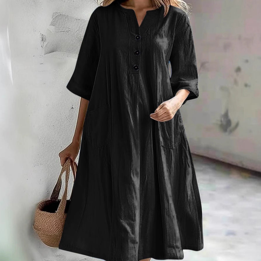 Damen lässiges Baumwollkleid mit Knopfleiste und praktischen Taschen Stalluxe