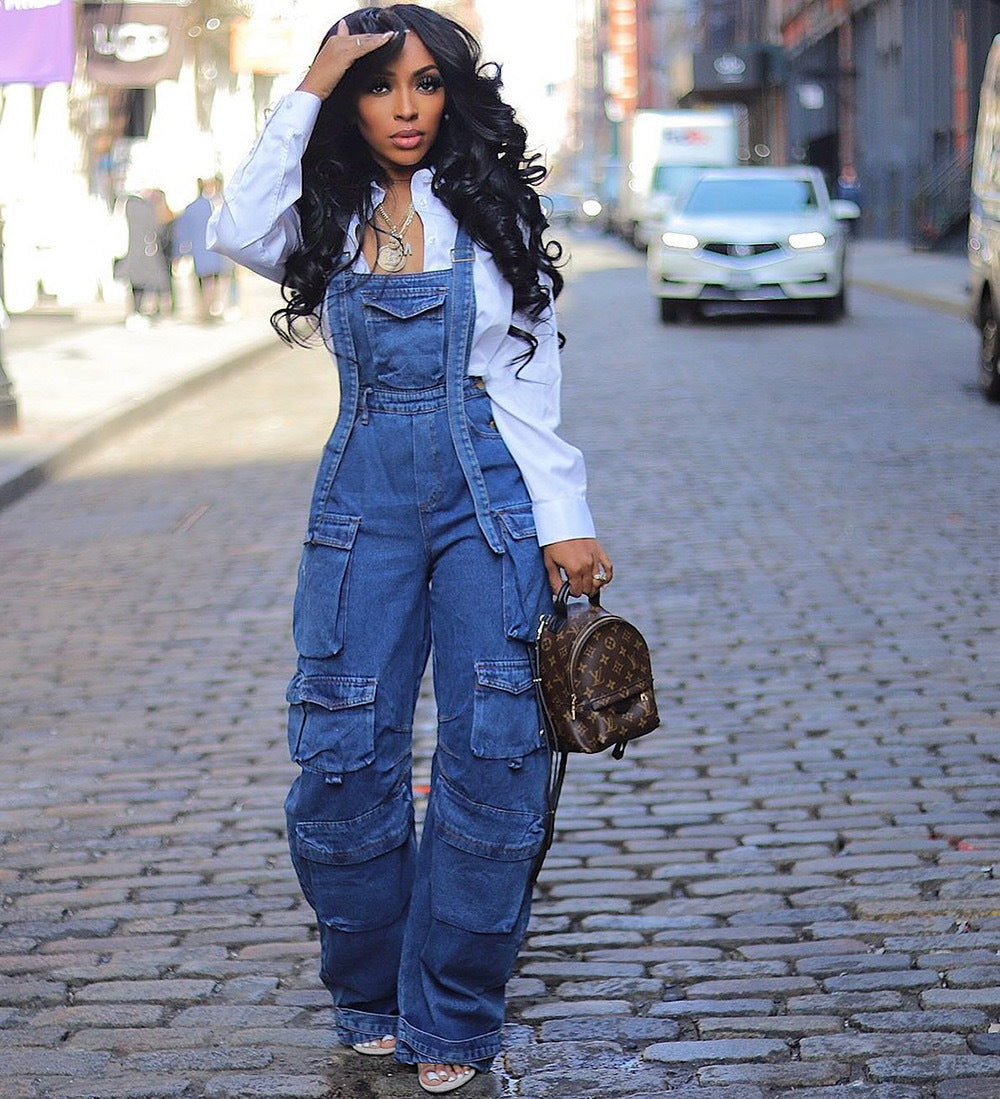 Damen modischer Jeans-Overall mit praktischen Taschen und verstellbaren Trägern Stalluxe