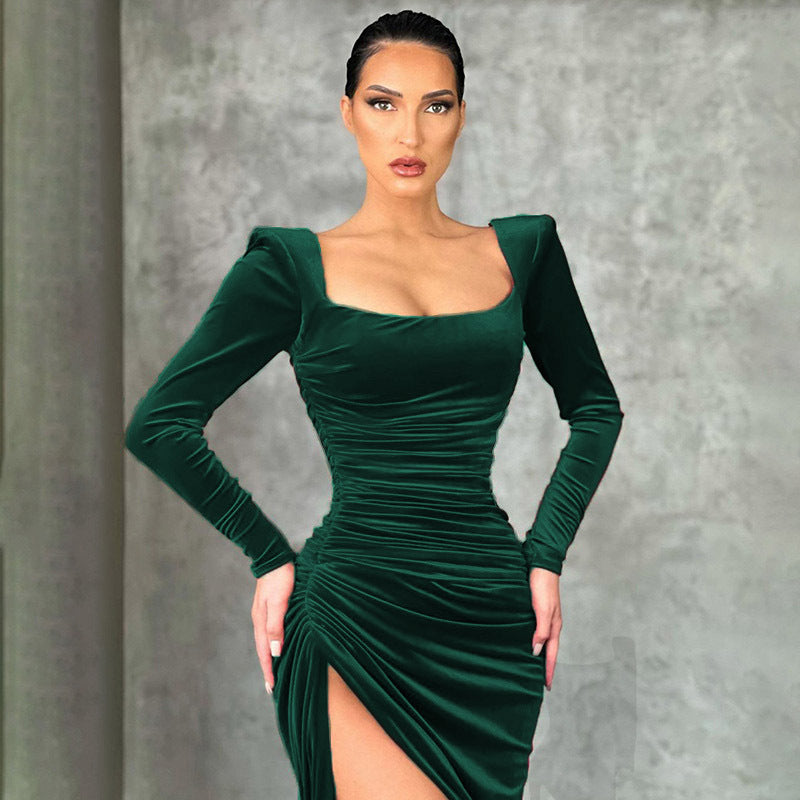 Damen Raffiniertes Stretch-Kleid mit asymmetrischem Schlitz und langen Ärmeln Stalluxe