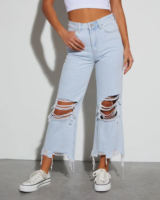 Damen Distressed Jeans mit weitem Bein und fransigem Saum Stalluxe