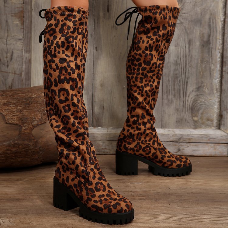 Damen Überknee-Stiefel mit modischem Leopardenmuster und robustem Blockabsatz Stalluxe