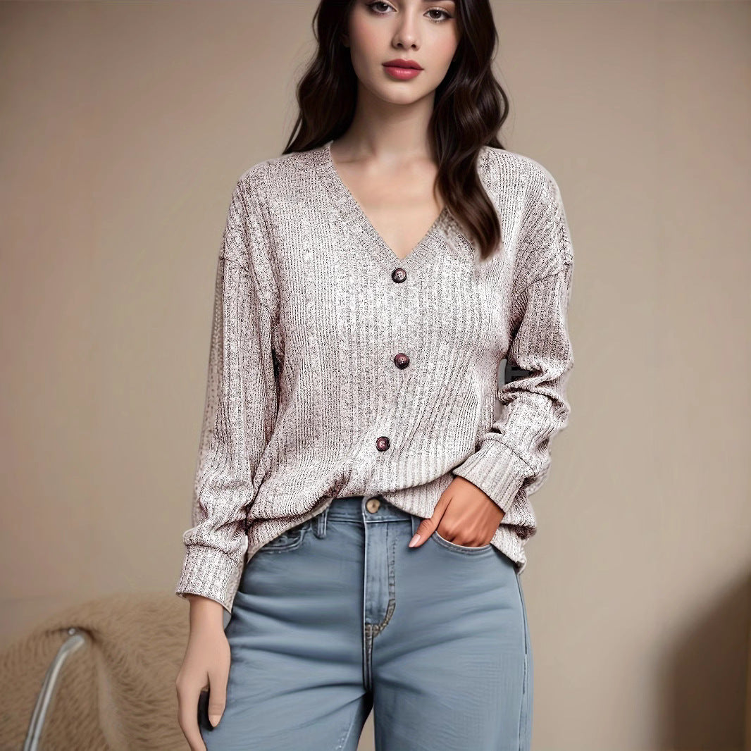 Damen V-Ausschnitt Strickoberteil mit Knopfdetails und lässigem Schnitt Stalluxe