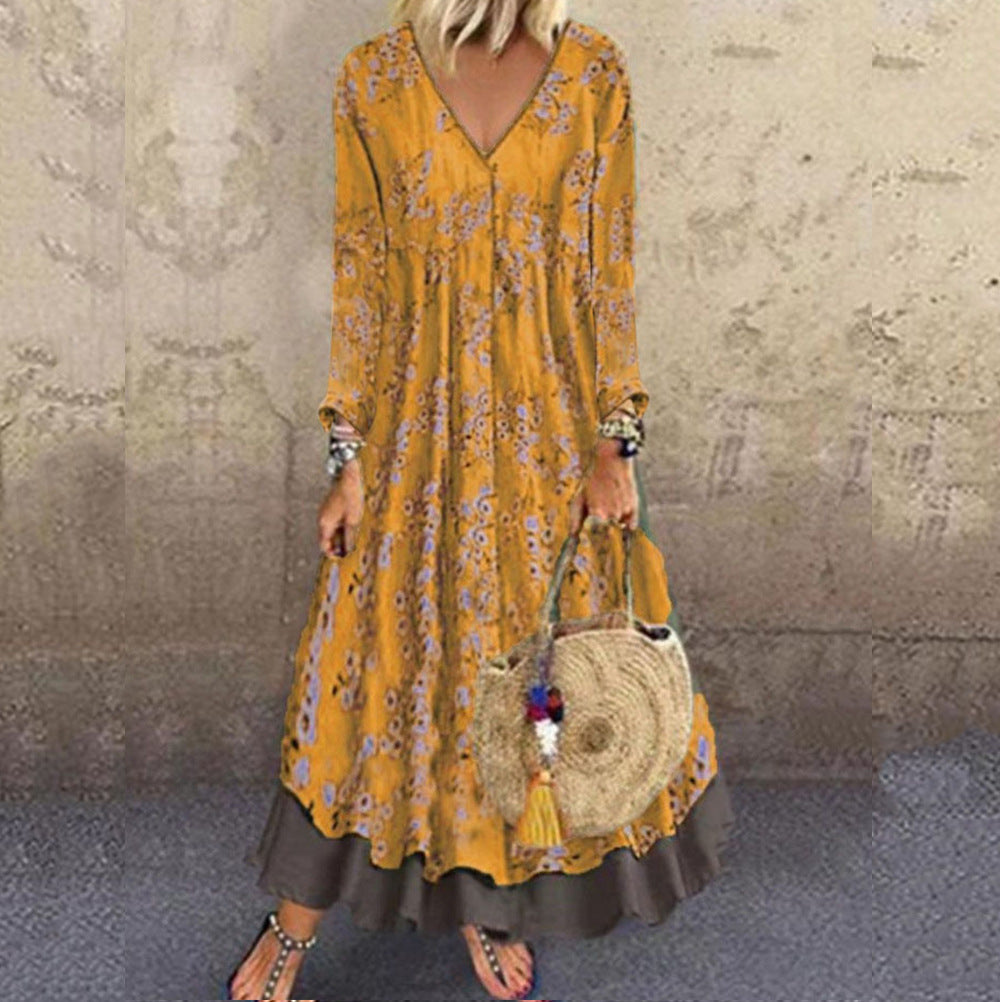 Damen Maxikleid mit V-Ausschnitt und langen Ärmeln Stalluxe