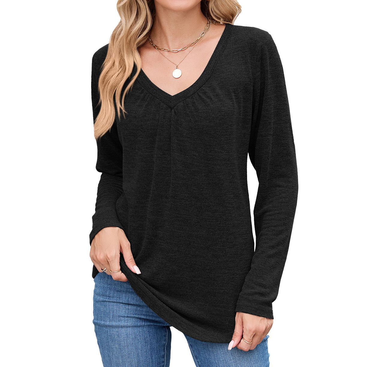 Damen lässiges Langarmshirt mit V-Ausschnitt und Falten Detail Stalluxe
