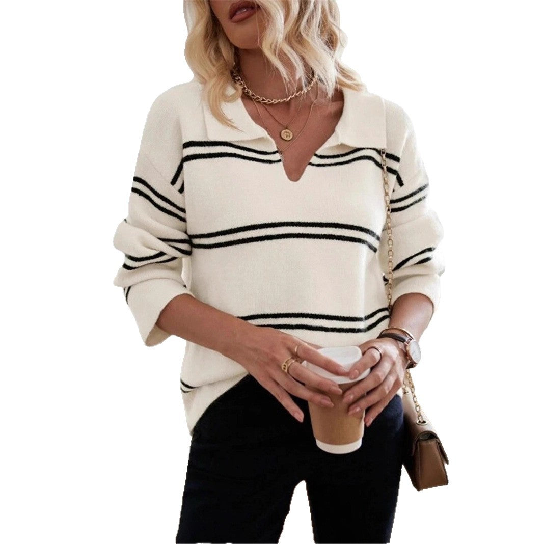 Damen lässiger Pullover mit Polo-Kragen und gestreiftem Design Stalluxe