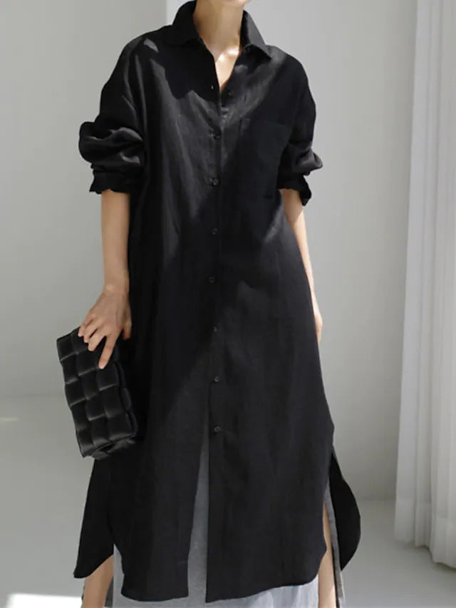 Damen Hemdblusenkleid aus leichtem Leinen mit seitlichen Schlitzen Stalluxe
